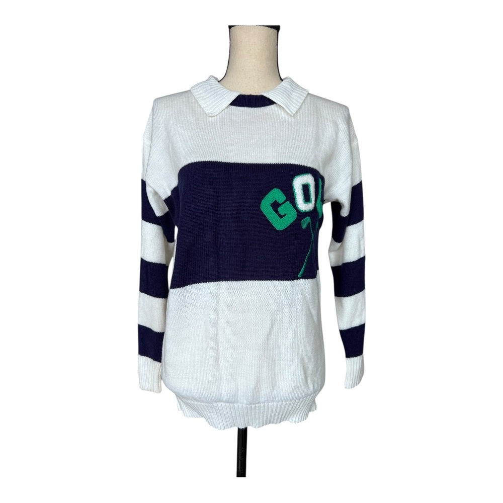 Vintage 80s Quantum Preppy Golf Navy and White Striped Sportswear Sweater Size S